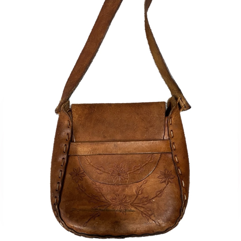 Vintage floral brown leather shoulder or crossbody  purse